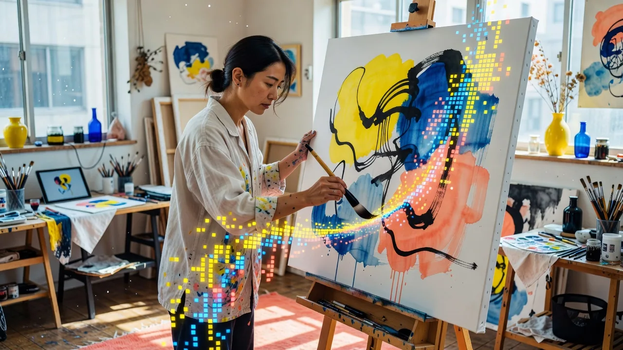 伝統的な筆とデジタルツールを組み合わせる制作風景