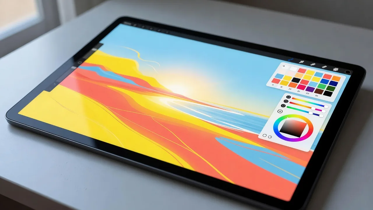タブレット上で色を調合するデジタルアートの制作過程