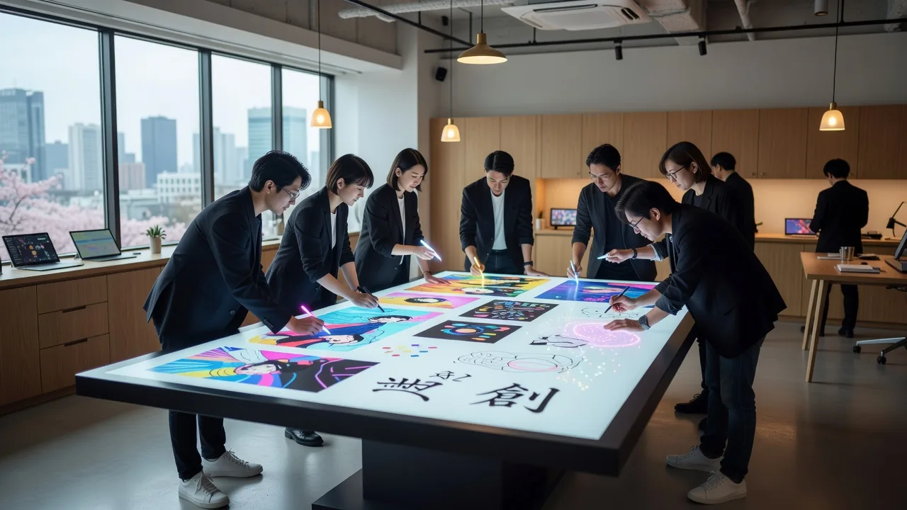 デジタルキャンバスで共同作業するチームメンバー